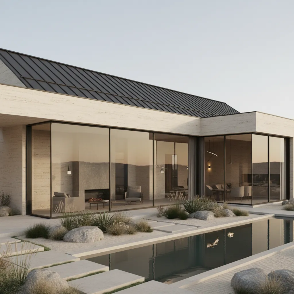 Render arquitectónico realista de casa con fachada de travertino y cubierta inclinada