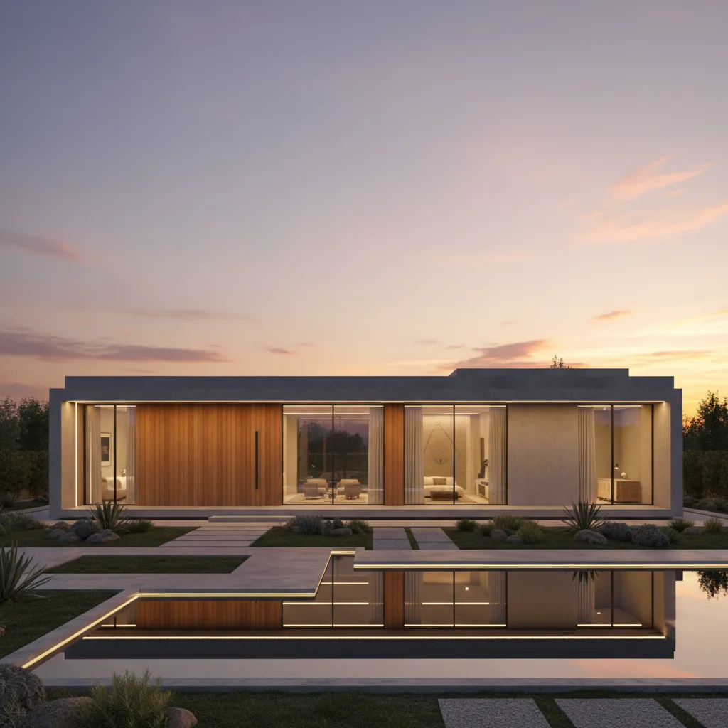 Modern single story house with glass walls and wood panels reflecting in pool at sunset