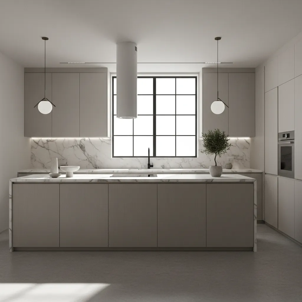 Modern kitchen design featuring a large island marble wall panel ceiling light and large windows