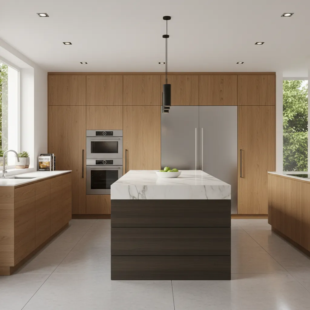 Render 3D de cocina moderna con isla central