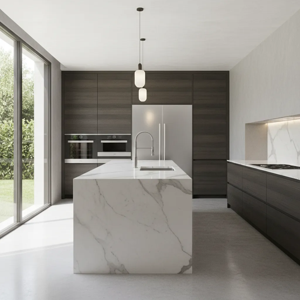 Render 3D realista de una cocina moderna diseñada con software de interiorismo