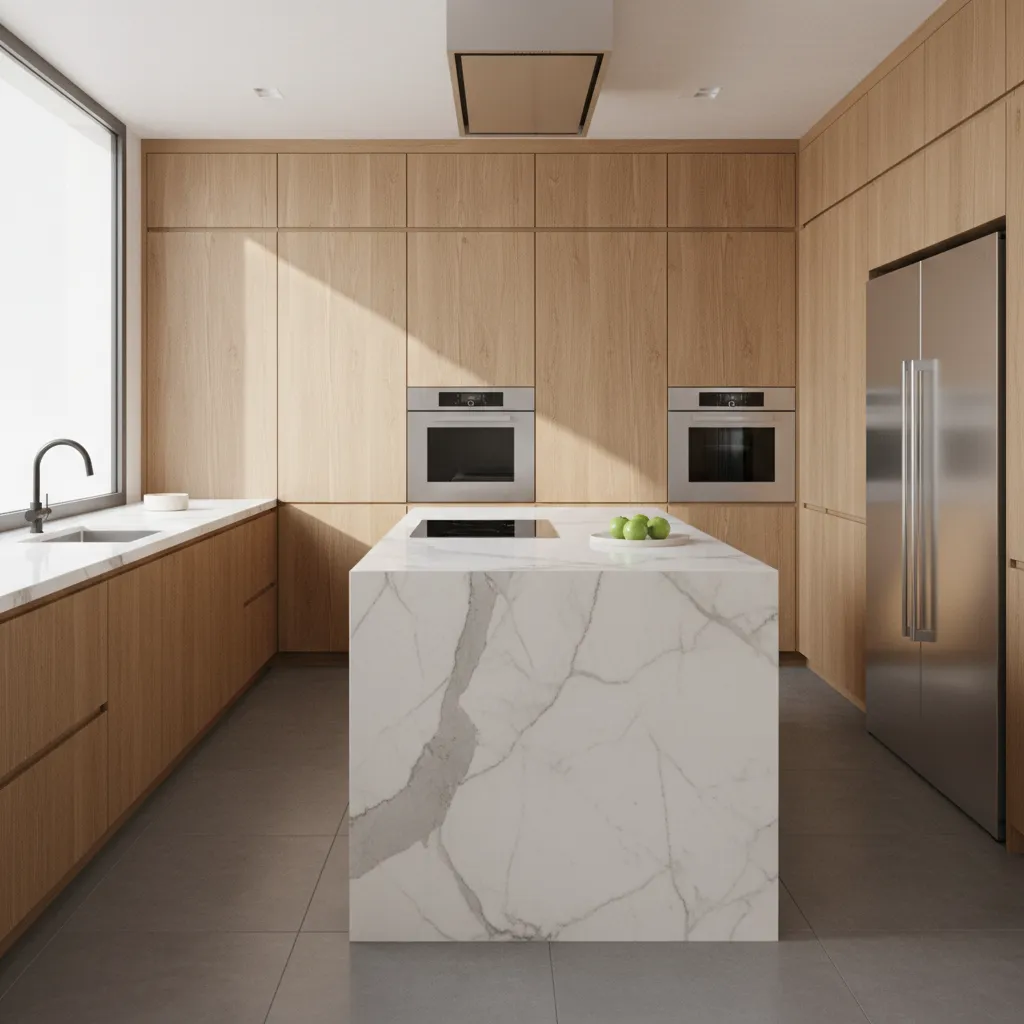 Render fotorrealista de una cocina moderna con iluminación natural