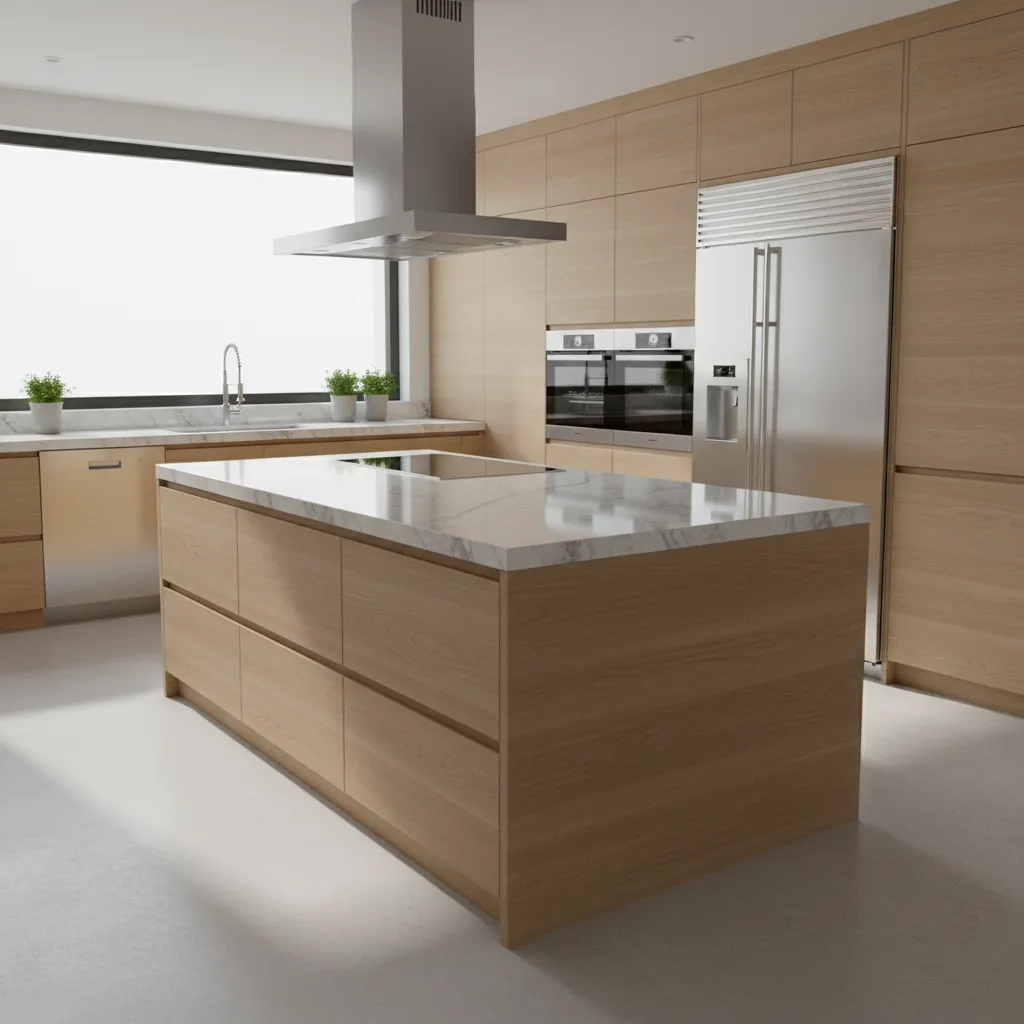 Render fotorrealista de una cocina moderna con iluminación natural