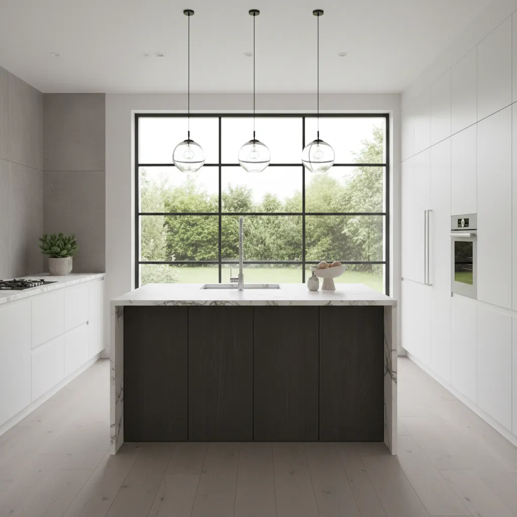 Render de cocina moderna con isla central