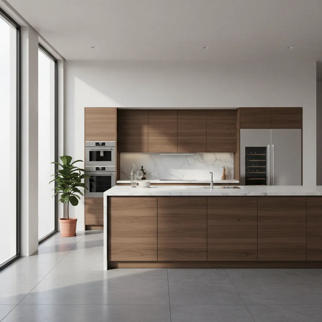 Modern kitchen with wood cabinets marble island white walls large windows and a green plant