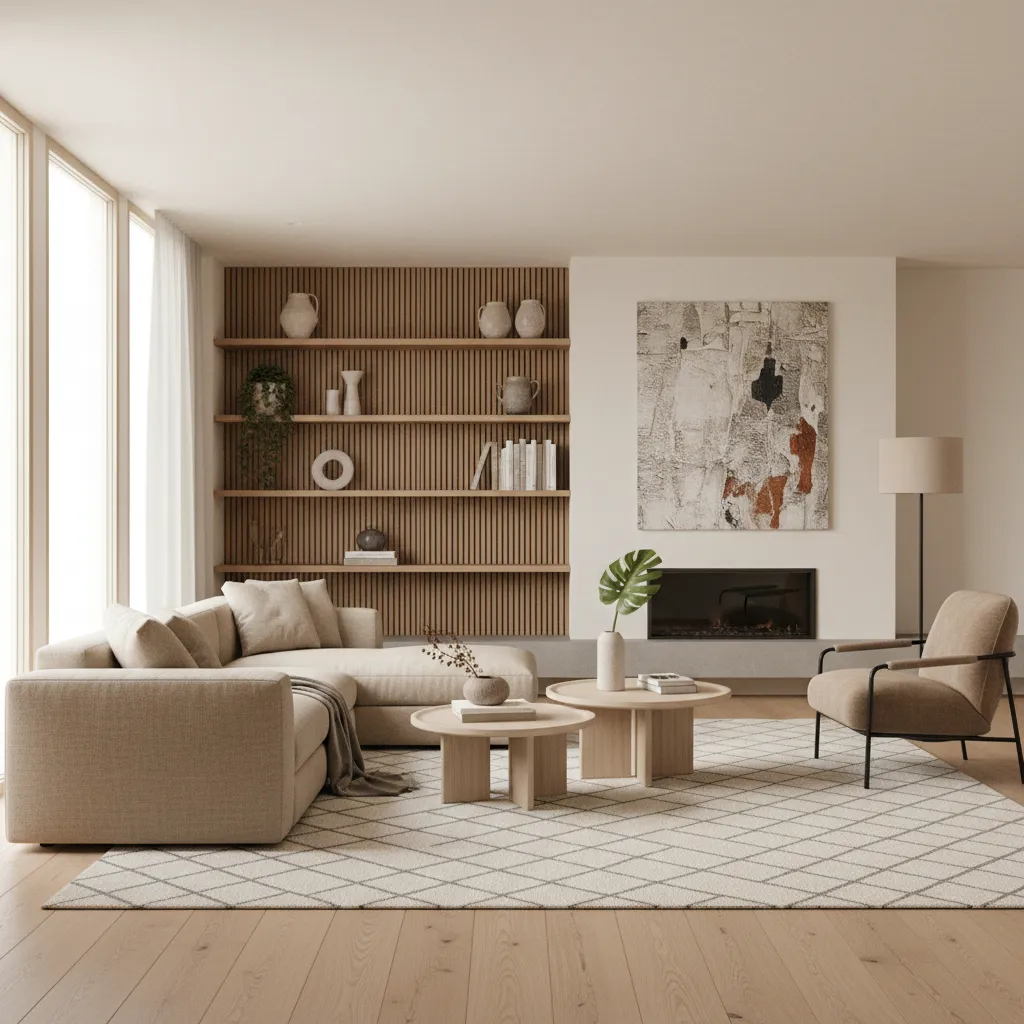 Modern living room with beige sofa wooden coffee tables patterned rug fireplace and wall panel