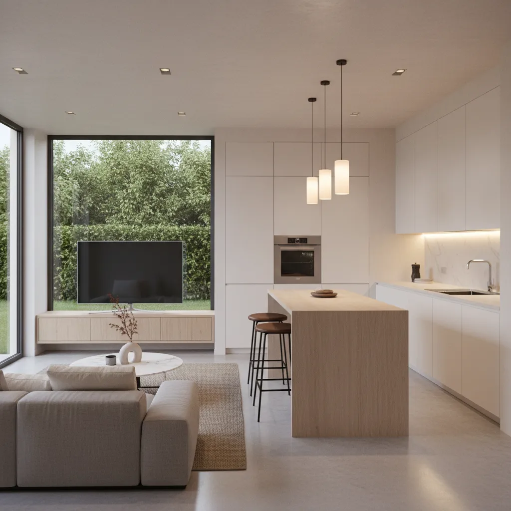 Modern open plan interior with grey sofa wooden kitchen island three ceiling lights and television