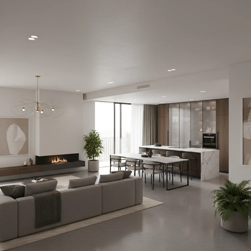 Render 3D de diseño interior para una casa moderna de 120 m2