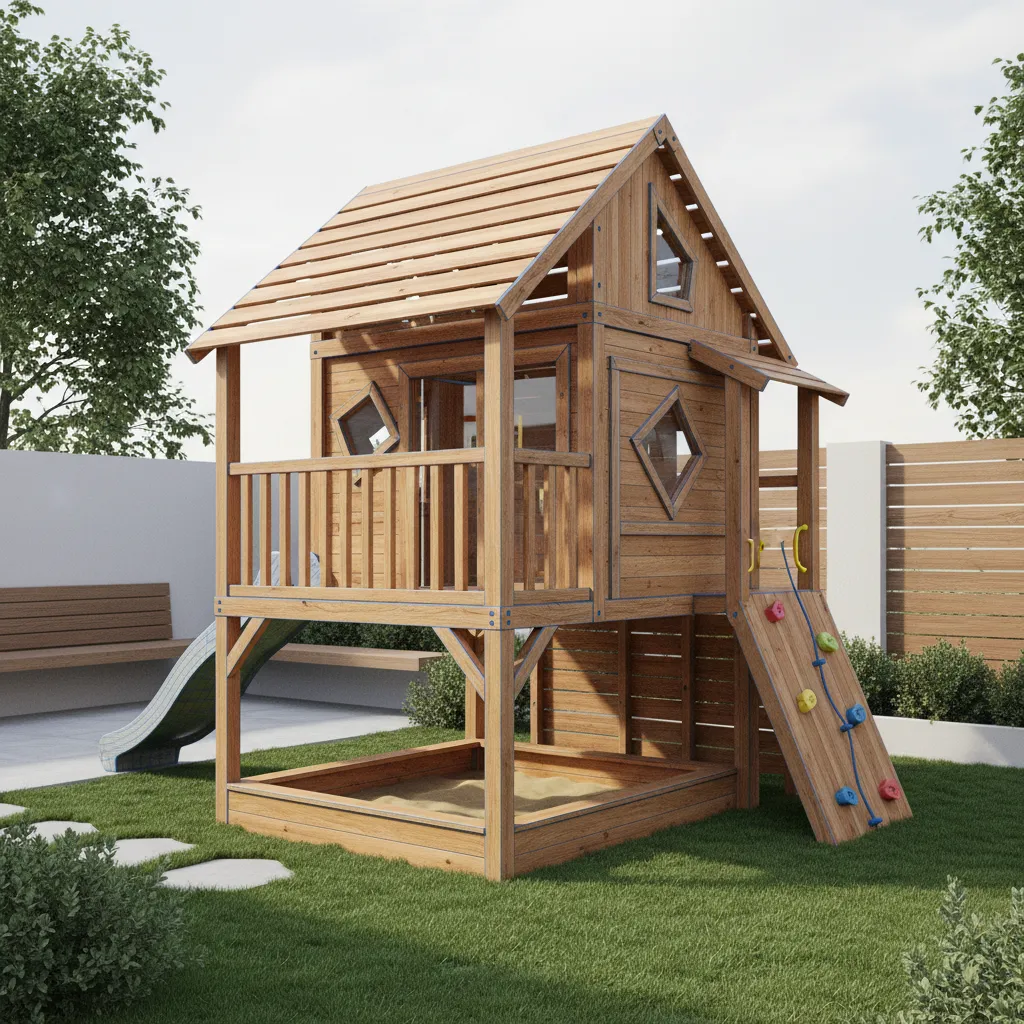 Render 3D de diseño de una casa infantil de madera