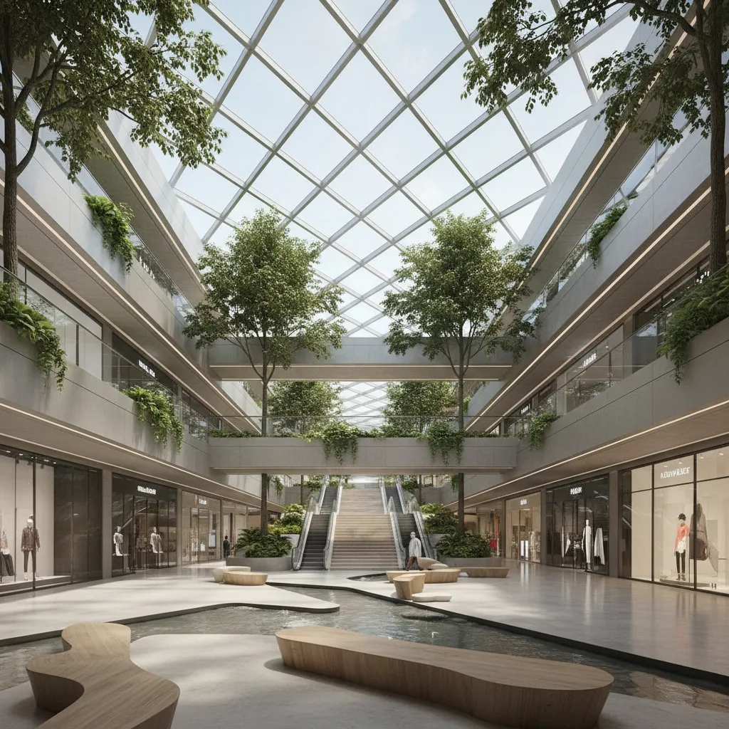 Render arquitectónico de centro comercial con paisajismo interior