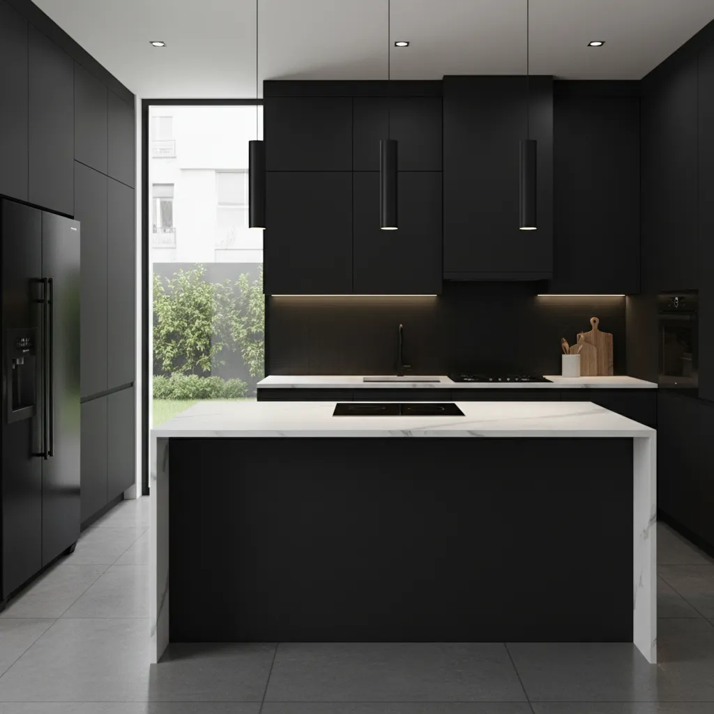 Render 3D de diseño de cocina negra moderna