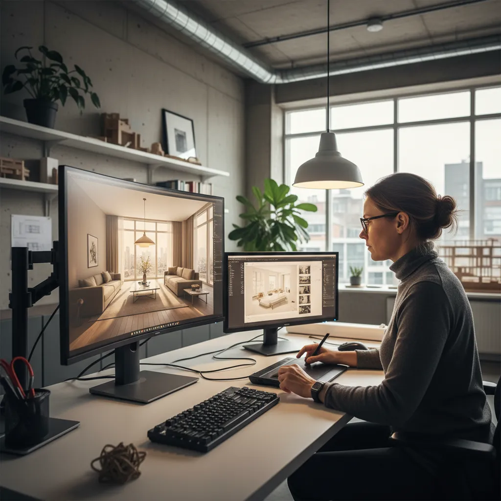 Render 3D de un interior mostrando simulación de iluminación