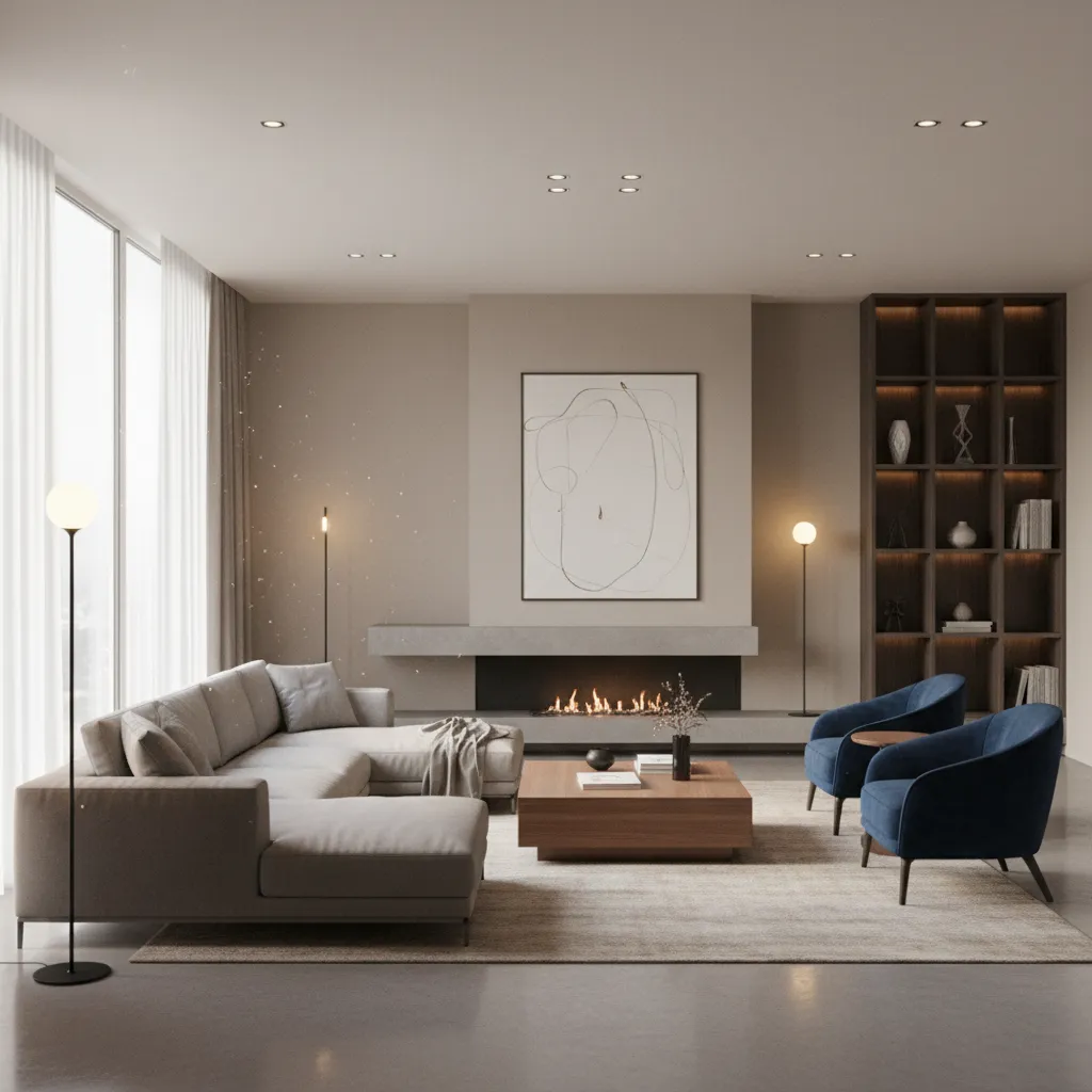 Render 3D de un salón mostrando simulación de iluminación interior