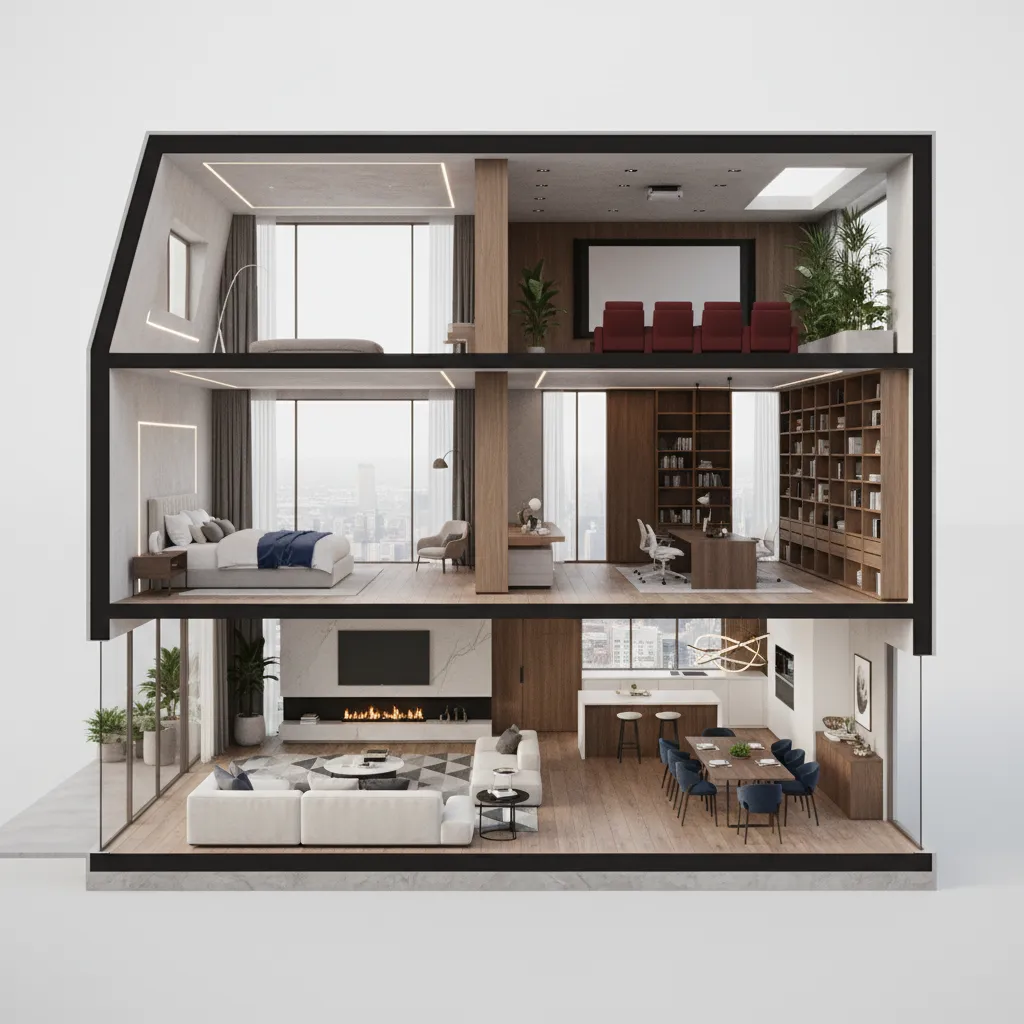 Render 3D de diseño interior mostrando distribución completa de una casa