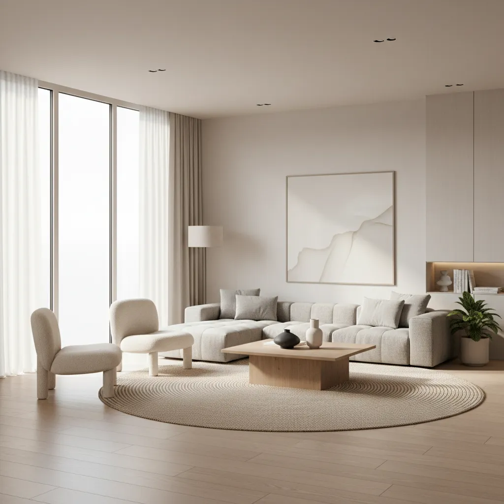 Render 3D de un salón moderno diseñado por interiorista