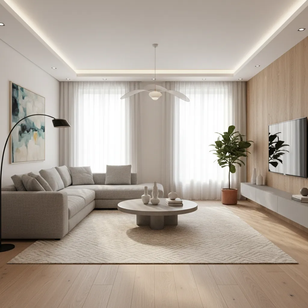 Modern living room with grey sofa, round coffee table, wood wall panel, and ceiling light