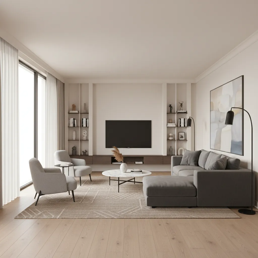 Modern living room featuring grey sofa two chairs round coffee table and wall mounted television