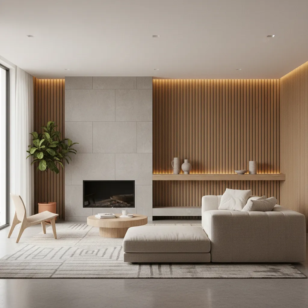 Interior design drawing showing a modern living room with wood wall panels fireplace and sofa