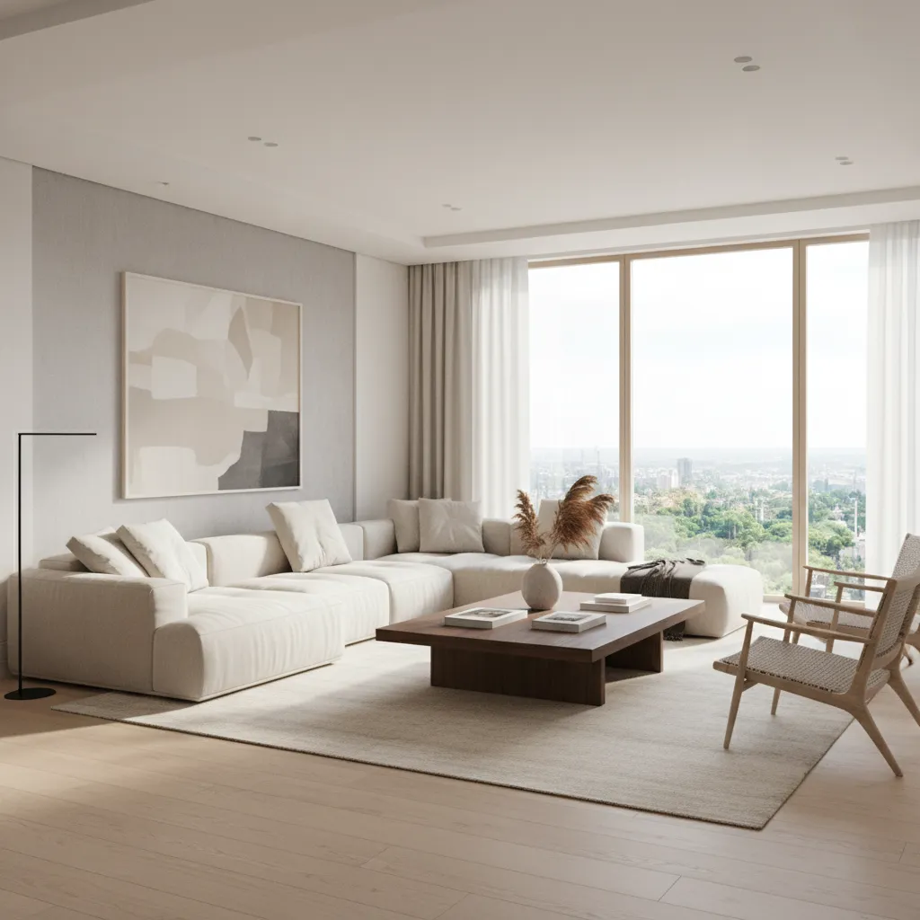 Render 3D de sala moderna con iluminación natural y muebles contemporáneos