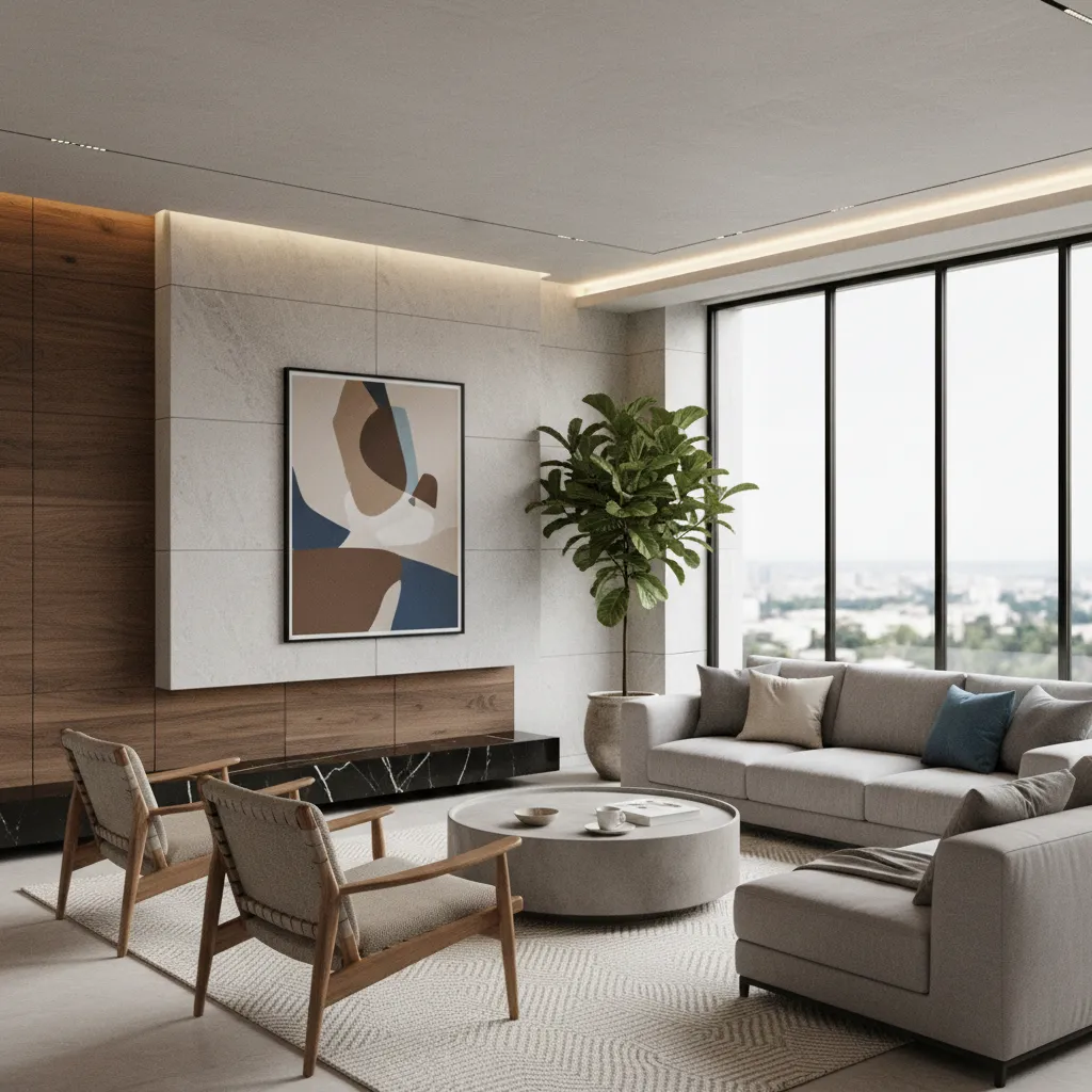 Modern interior design drawing showing grey sofa marble wall wood paneling and large floor windows
