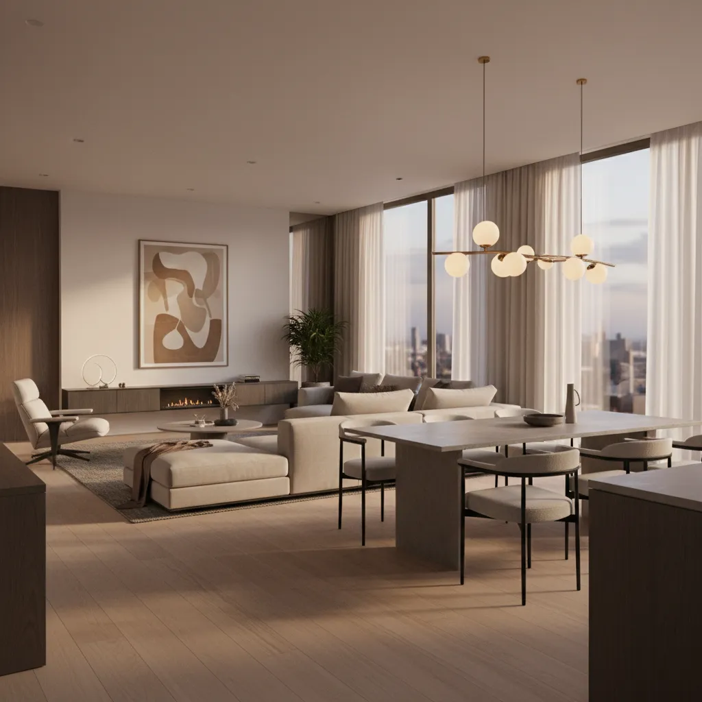 Modern open living room with beige sofa dining table orb ceiling light and large windows