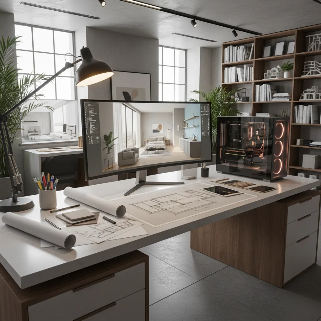 Office desk with monitor showing interior design drawing layout floor plan and black desk lamp