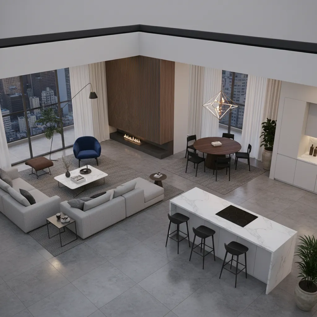 Render 3D de un diseño interior moderno con distribución de mobiliario