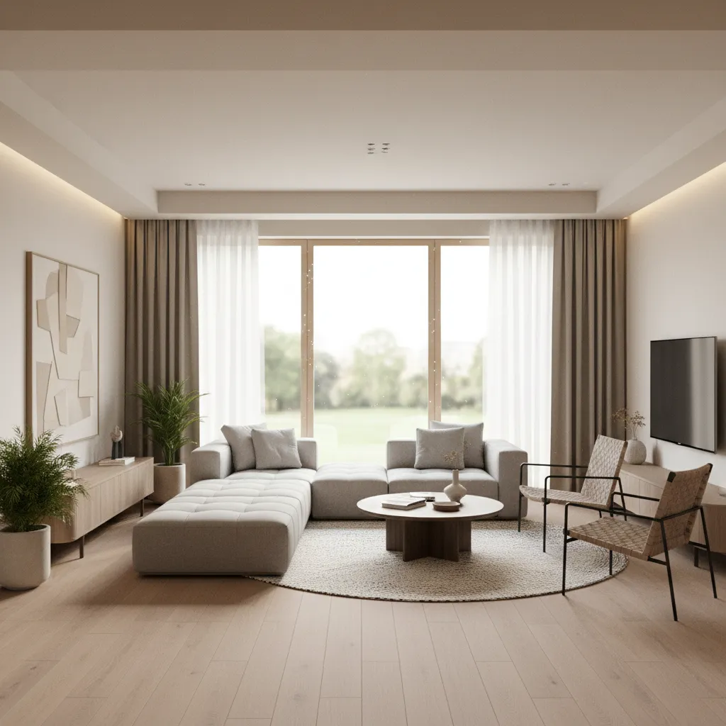 Modern living room with grey sofa, round coffee table, two woven chairs, plants, and windows