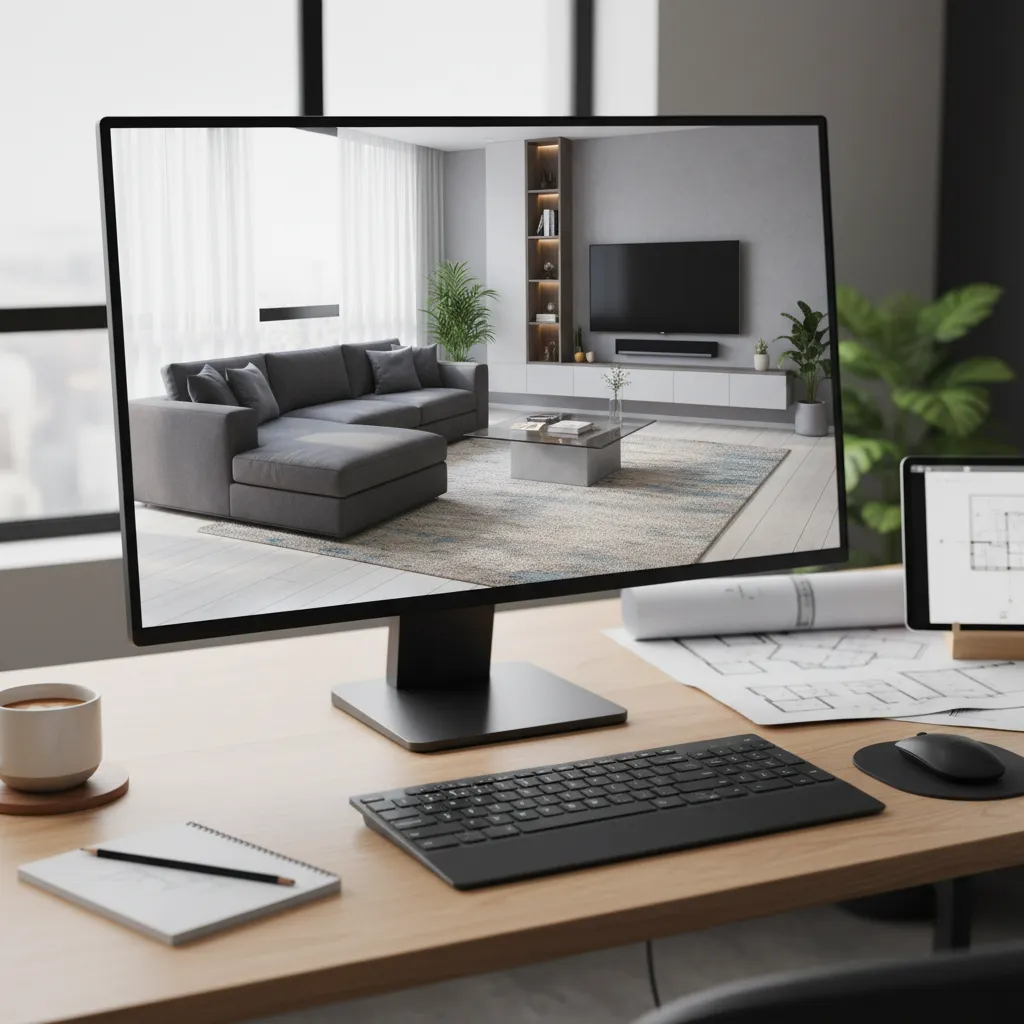 Pantalla mostrando render final de diseño interior de una casa