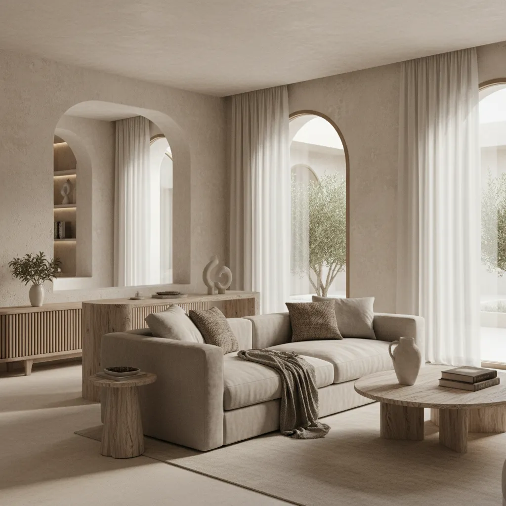 Visualización 3D de un proyecto de interior mediterráneo moderno