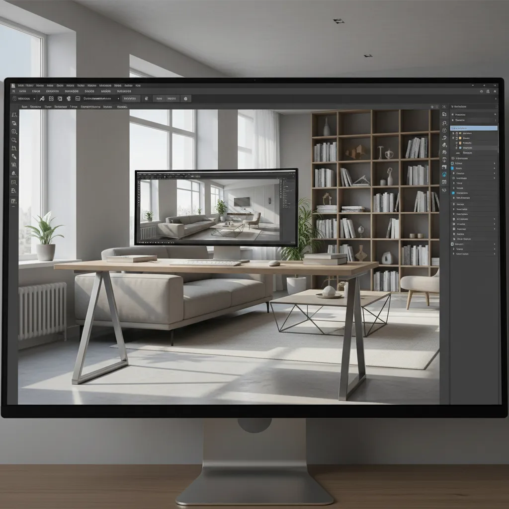 Pantalla mostrando render 3D de un proyecto de interiorismo