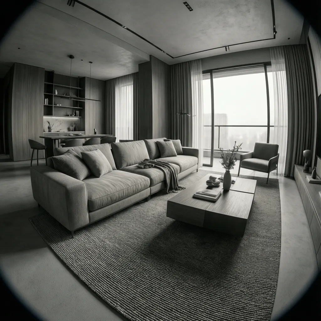 Render 3D de un salón monocromático antes de su construcción