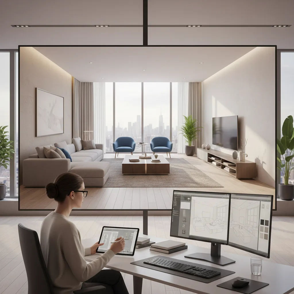 Designer using a tablet and monitors to create a modern living room interior design drawing