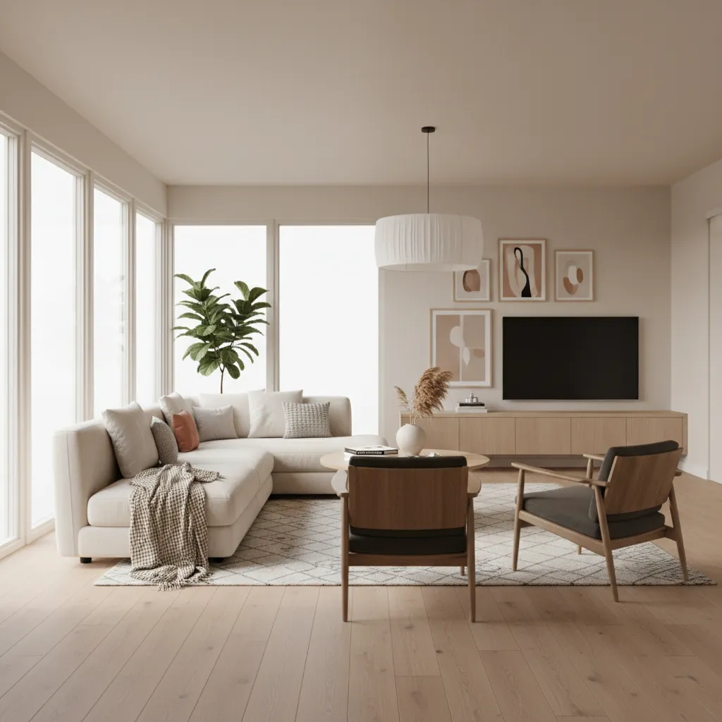 render realista de salón moderno creado con software de diseño interior