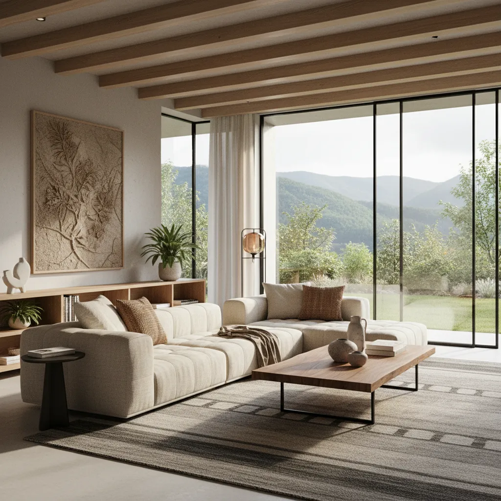 Render realista de un salón moderno diseñado en 3D