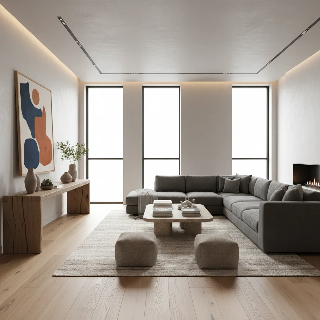 Render realista de un salón moderno diseñado digitalmente