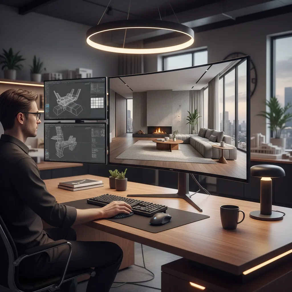 Render 3D de un diseño interior moderno en computadora