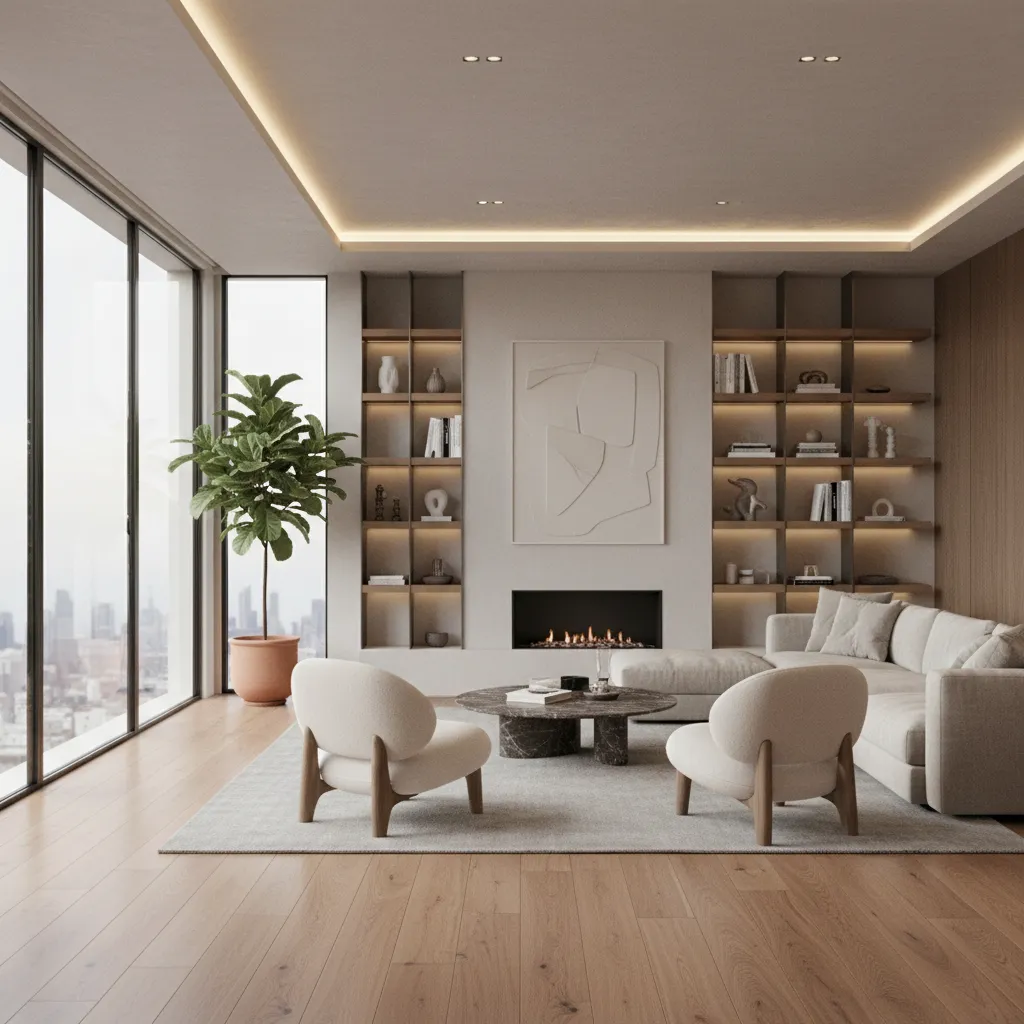 Render realista de un salón moderno generado con software de diseño interior