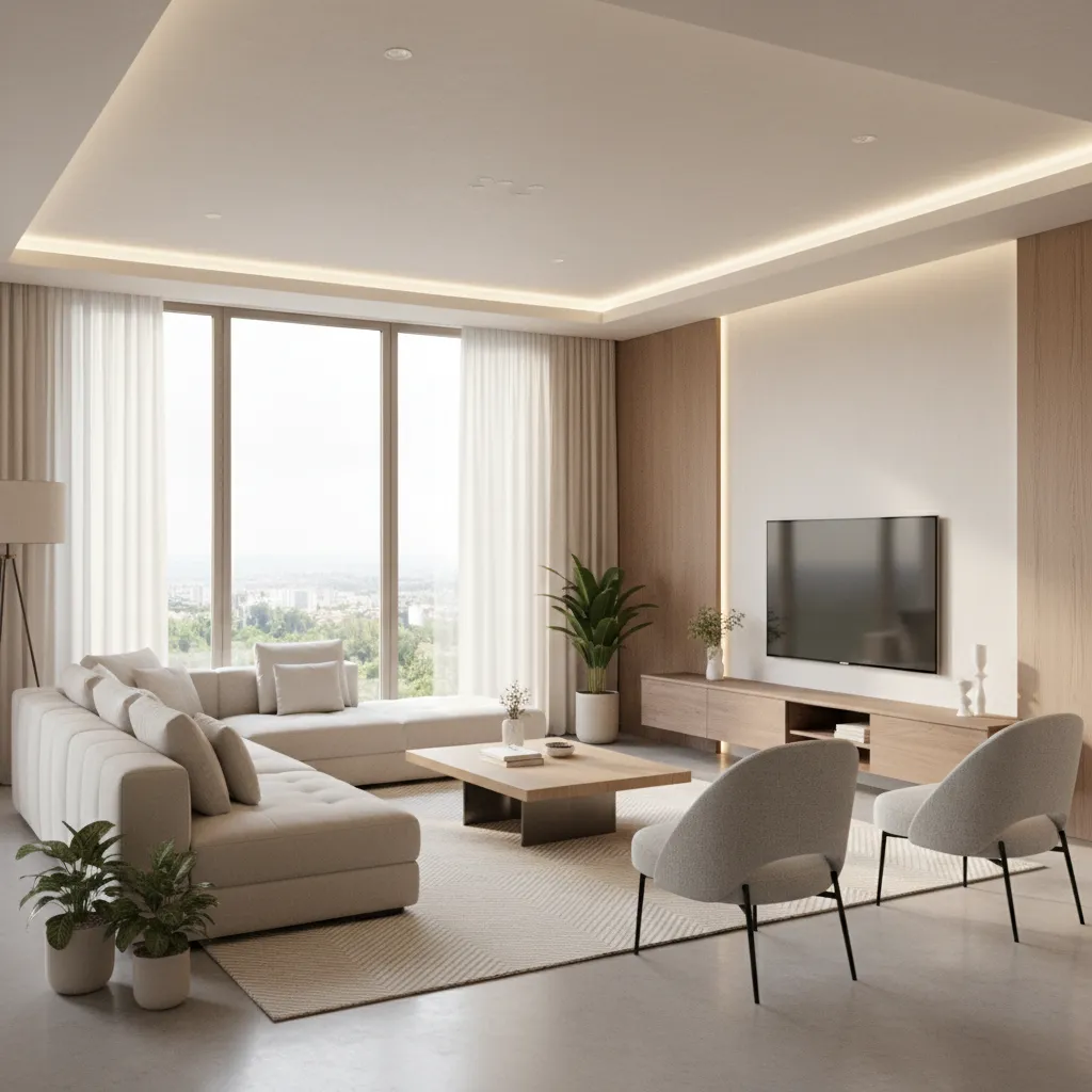 Render 3D de sala moderna creado para un proyecto de diseño interior