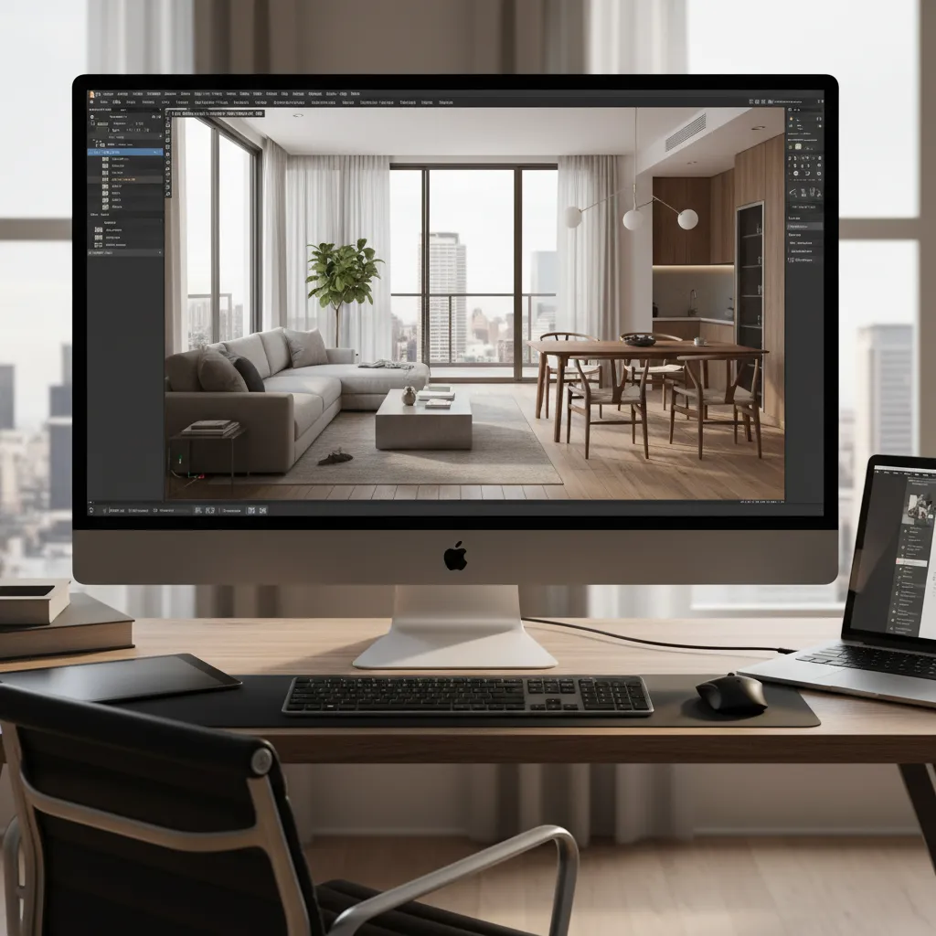 Pantalla de ordenador mostrando render 3D de un apartamento moderno
