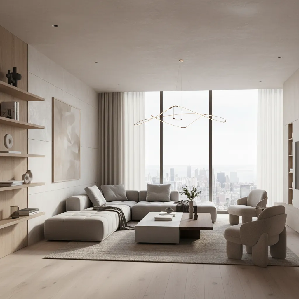 Render 3D de un salón moderno diseñado digitalmente