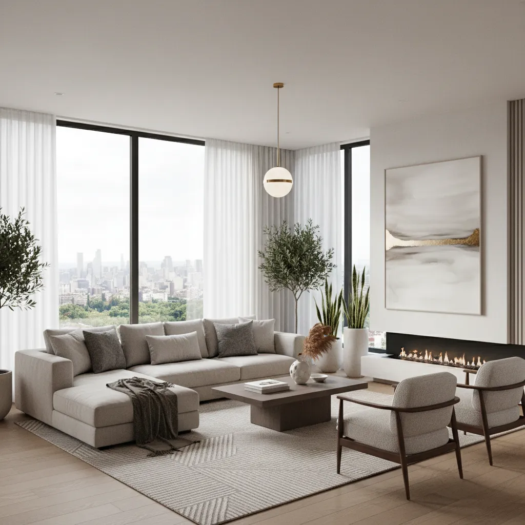 Render 3D de un salón moderno utilizado para presentar un proyecto de interiorismo