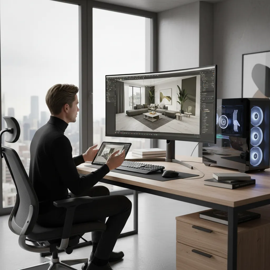 Pantalla mostrando visualización 3D de un diseño interior