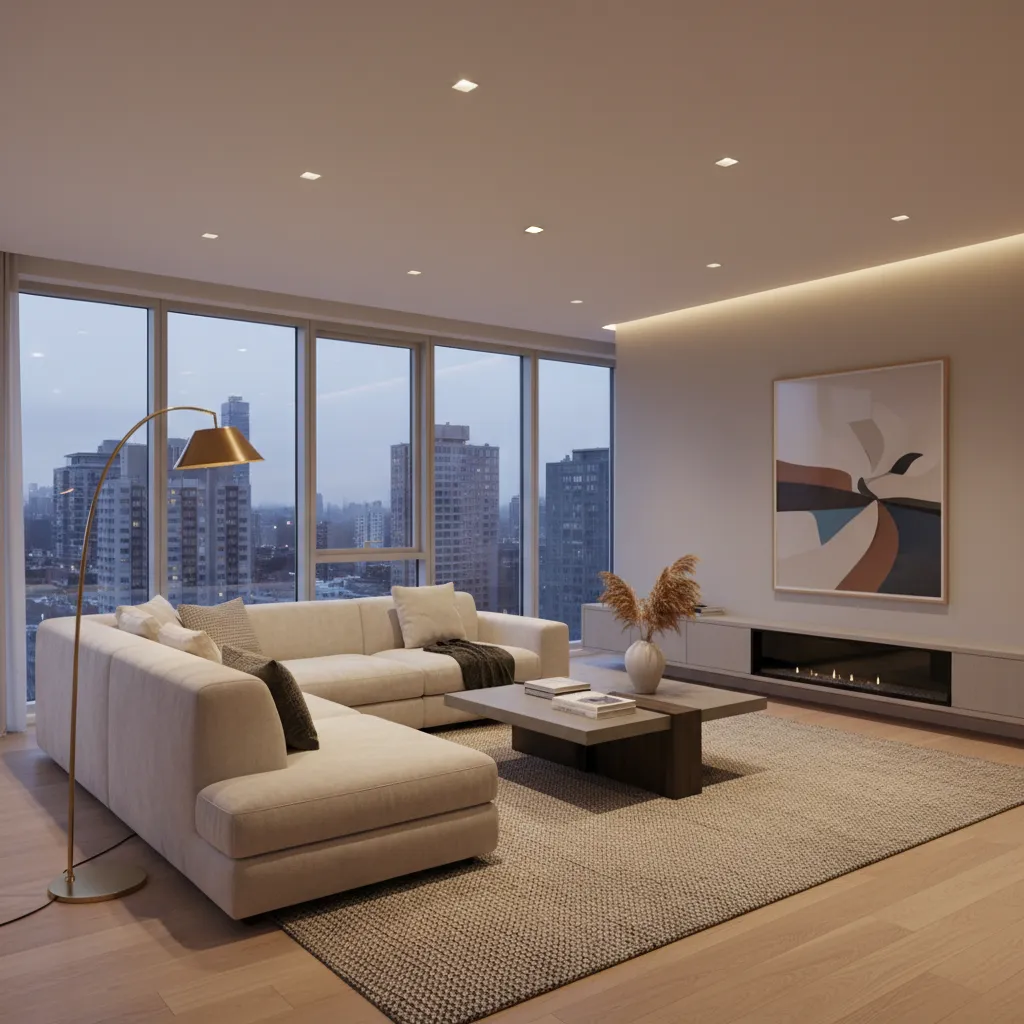 Modern living room with beige sofa coffee table floor lamp and city view through windows