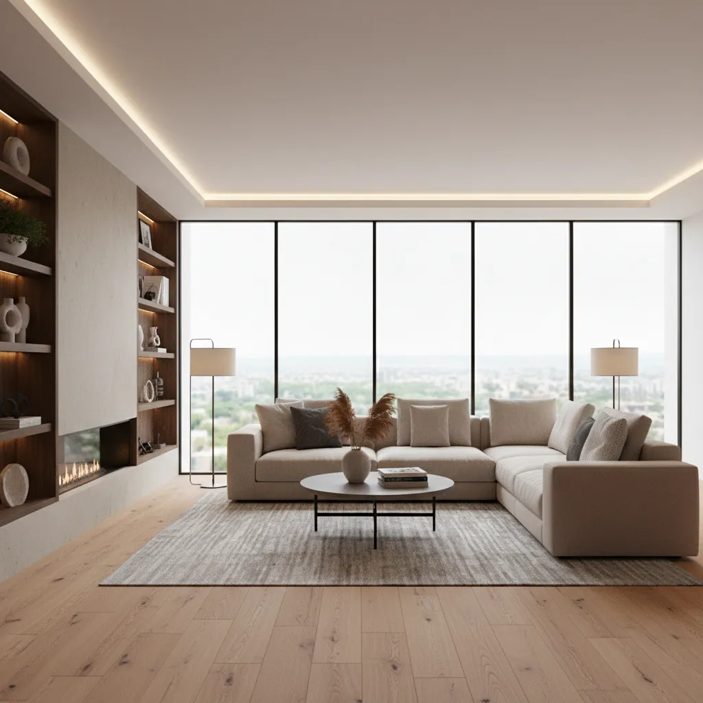 Render realista de salón diseñado digitalmente