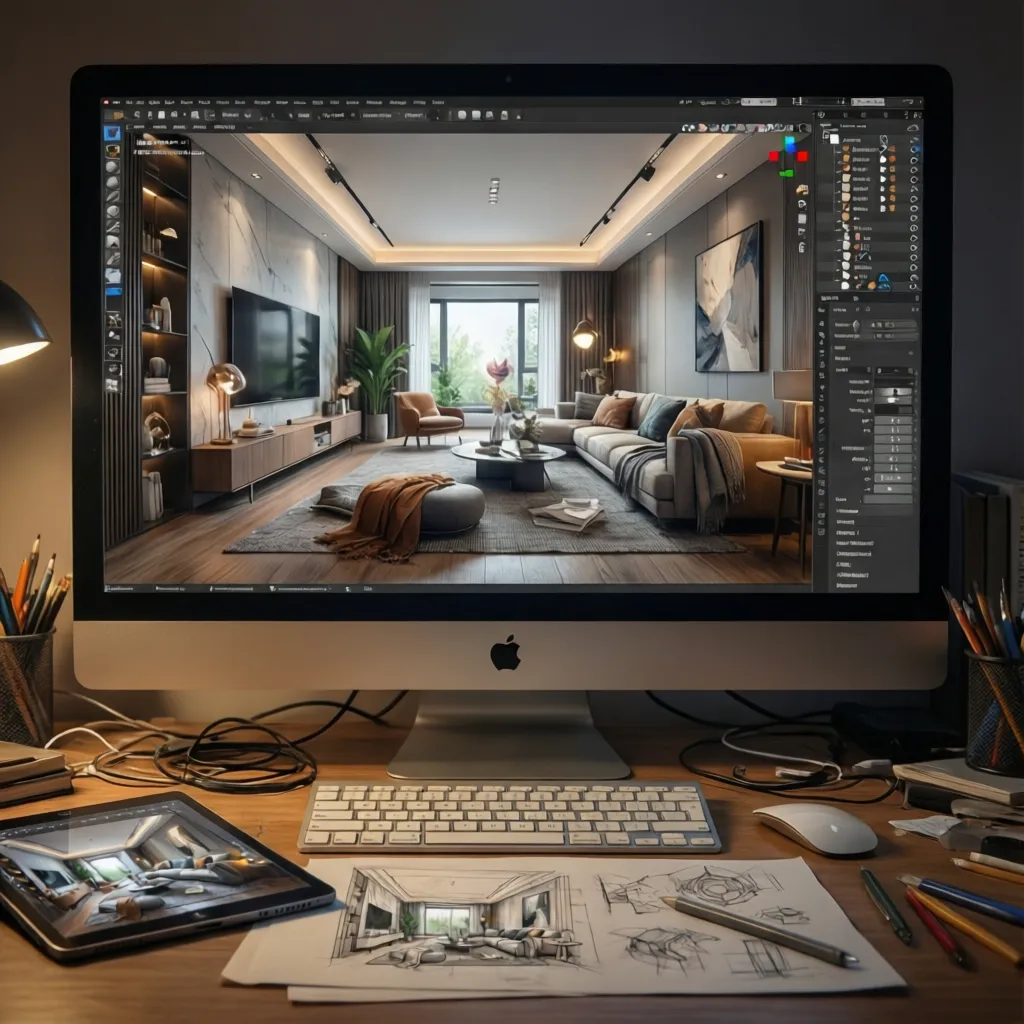 Pantalla mostrando render 3D de un salón diseñado por estudiante