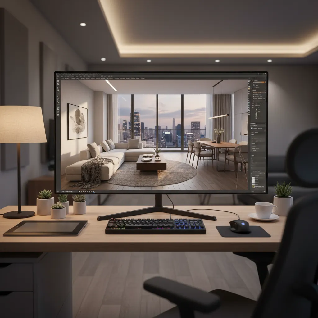 Pantalla mostrando render 3D de diseño de interiores en proceso