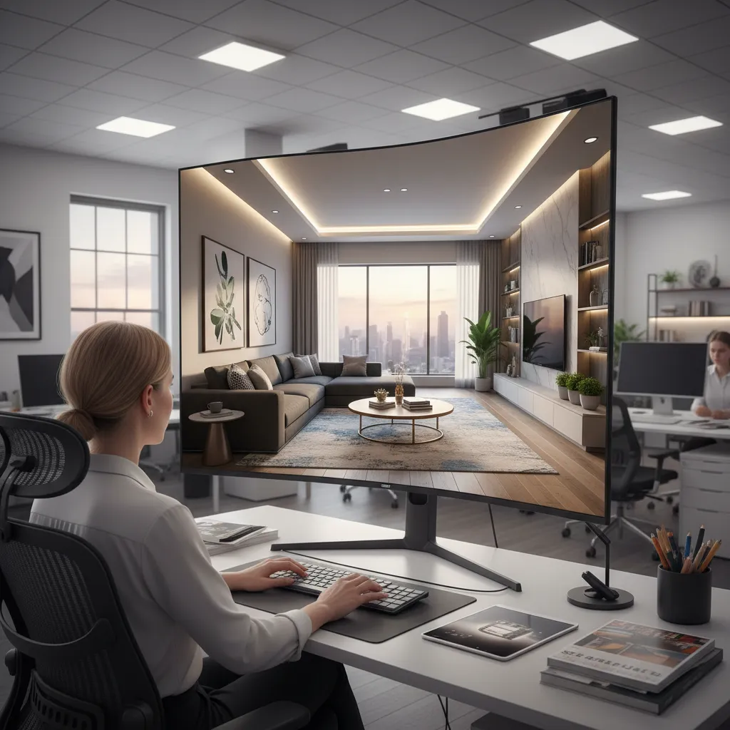 Diseñador trabajando en un render 3D de interiorismo en su estudio