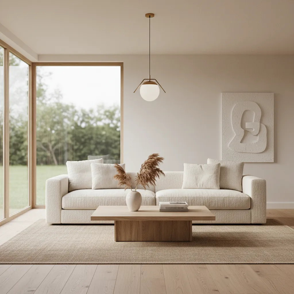 Minimalist living room with white sofa, wooden coffee table, round ceiling light, and large window