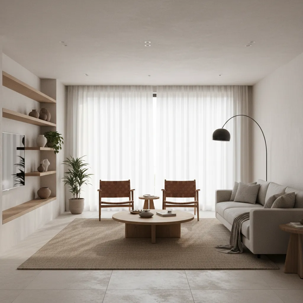 Modern living room interior design drawing with grey sofa round coffee table and floor lamp